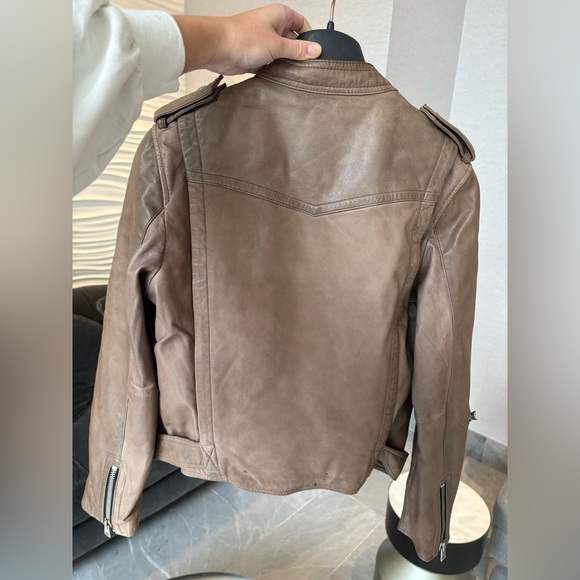 AllSaints Lamb Leather Biker Jacket Natural Pointed Collar Padded Inside US 10 - Picture 9 of 16